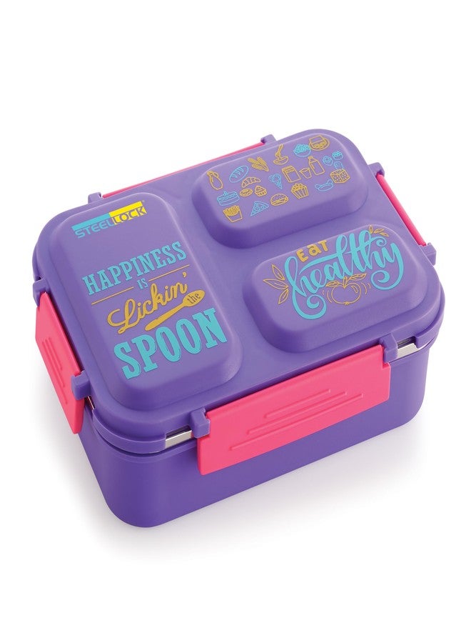 STEELLOCK SmartMeal 3 Partition Stainless Steel Insulated Tiffin for Kids & Adults with Spoon | Leak-Proof Lunch Box with Silicone Gasket Lid | Bento Box for School, Boys, Girls & Office 600 ML - Purple. - Image 4